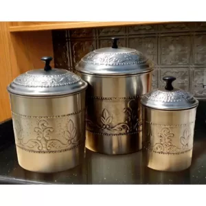 Old Dutch Victoria 3-Piece Antique Pewter Embossed Steel Canister Set