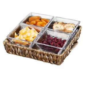 Artland Garden Terrace 4 Sectional Server 1 sq.Glass Tray 7.75 in. ,1 in. H, 4 sq. Glass Bowls 3.75 in. , Water Hyacinth Holder