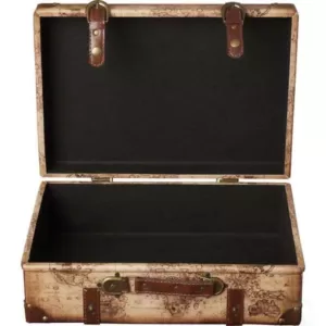 Vintiquewise 17 in. x 12 in. x 6 in. Wood and Faux Leather Old World Map Vintage Style Suitcase with Straps, Set of 2