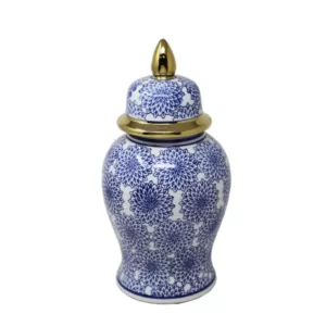 Benjara Blue and White Ceramic Temple Jar with Covered Top Lid