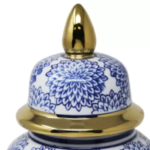Benjara Blue and White Ceramic Temple Jar with Covered Top Lid