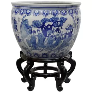 Oriental Furniture Oriental Furniture 12 in. Ladies Blue and White Porcelain Fishbowl