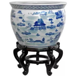 Oriental Furniture Oriental Furniture 14 in. Landscape Blue and White Porcelain Fishbowl
