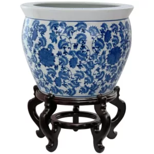 Oriental Furniture Oriental Furniture 16 in. Floral Blue and White Porcelain Fishbowl