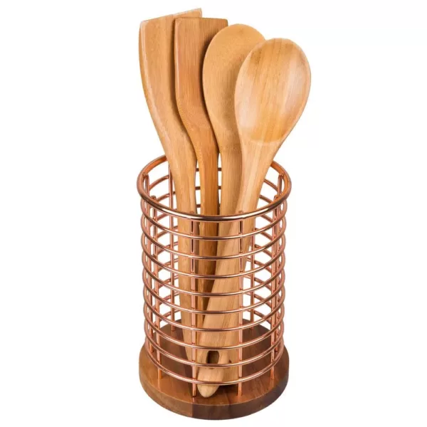 Creative Home Deluxe Acacia Copper Wood and Iron Wire Utensil Tool Holder Crock