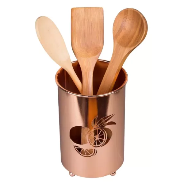Creative Home Deluxe Copper Plated Metal Utensil Holder Kitchen Tool Crock with Laser Cut Lemon Motif