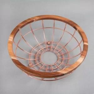 Creative Home Deluxe Acacia Copper Plated Wood and Iron Wire Fruit Basket Fruit Bowl