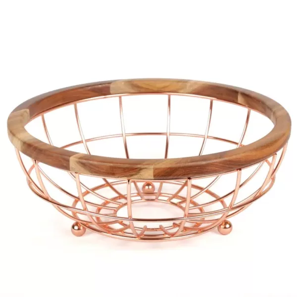 Creative Home Deluxe Acacia Copper Plated Wood and Iron Wire Fruit Basket Fruit Bowl