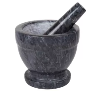 Creative Home 5-1/4 in. Natural Black Marble Mortar and Pestle Set with Kitchen Spices, Herbs, Grinder