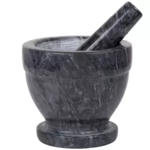 Creative Home 5-1/4 in. Natural Black Marble Mortar and Pestle Set with Kitchen Spices, Herbs, Grinder