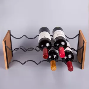 Creative Home Acacia Wood and Black Wire Wine Rack, Whine Bottle Holder, Free Standing Wine Bottle Rack
