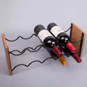 Creative Home Acacia Wood and Black Wire Wine Rack, Whine Bottle Holder, Free Standing Wine Bottle Rack