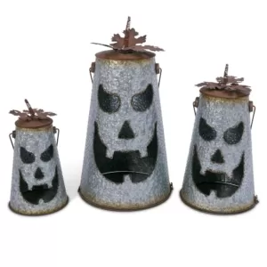 Gerson Assorted Metal Hammered Jack-O-Lantern Luminaries with Leaf Details (Set of 3)