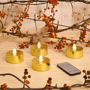 LUMABASE Gold Battery Operated Extra Large Tea Lights with Remote Control and 2-Timers (4-Count)