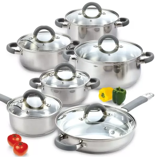 Cook N Home 12-Piece Stainless Steel Cookware Set in Gray and Stainless Steel