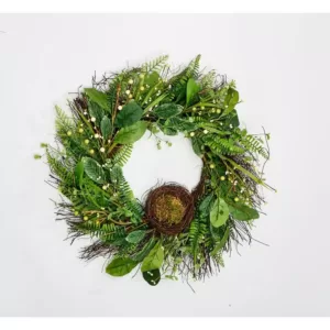 Worth Imports 24 in. Green Leaves Berries and Nest Wreath on Natural Twig Base