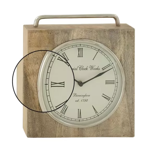LITTON LANE 11 in. x 10 in. Rustic Wood and Iron Brown Square Table Clock