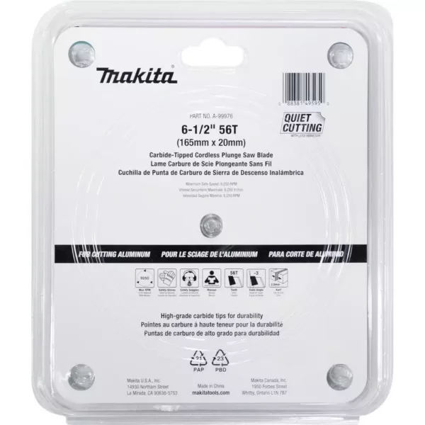 Makita 6-1/2 in. 56T Carbide Tipped Cordless Plunge Saw Blade, Aluminum