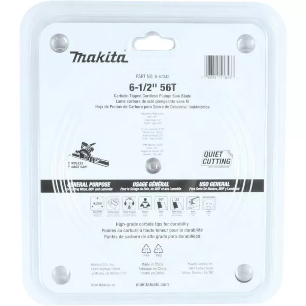 Makita 6-1/2 in. 56-Teeth Carbide Tipped Cordless Plunge Saw Blade for Wood/MDF/Laminate