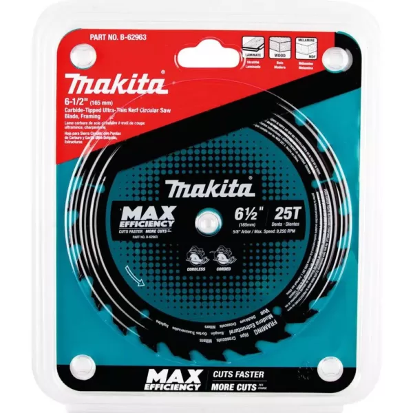 Makita 6-1/2 in. 25T Carbide-Tipped Max Efficiency Ultra-Thin Kerf Circular Saw Blade, Framing