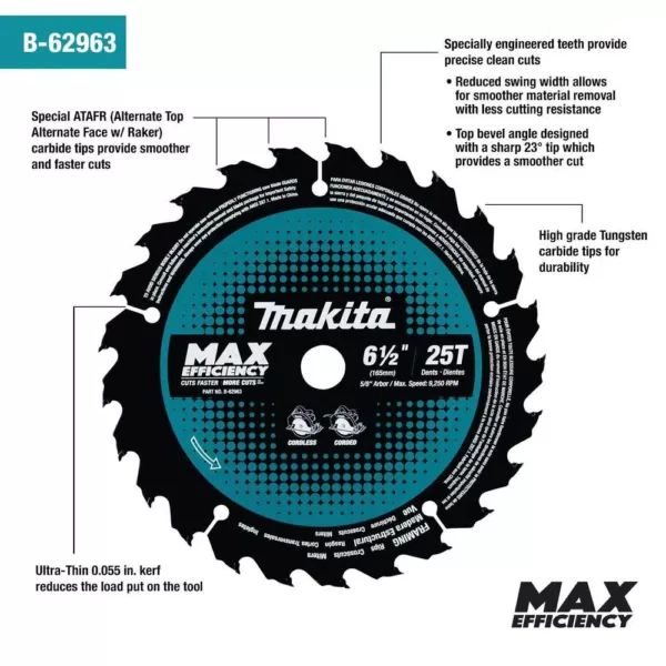 Makita 6-1/2 in. 25T Carbide-Tipped Max Efficiency Ultra-Thin Kerf Circular Saw Blade, Framing