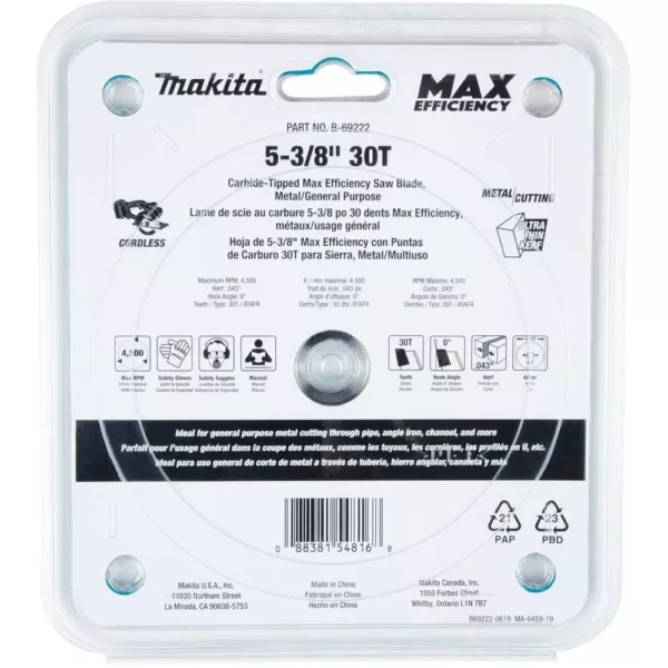 Makita 5-3/8 in. 30T Carbide-Tipped Max Efficiency Saw Blade, Metal/General Purpose