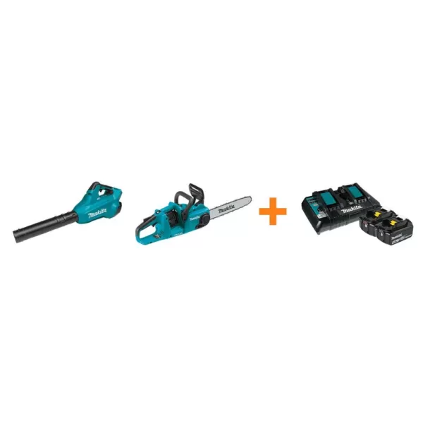 Makita 18V X2 LXT Blower and 18V X2 LXT 14 in. Chain Saw with bonus 18V LXT Starter Pack