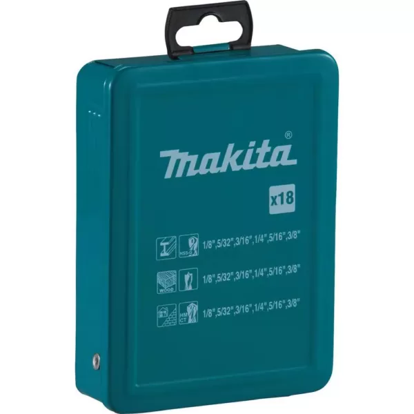 Makita Assorted Drill Bit Set Metal Wood Masonry Straight Shank (18-Pieces) with Metal Carry Case