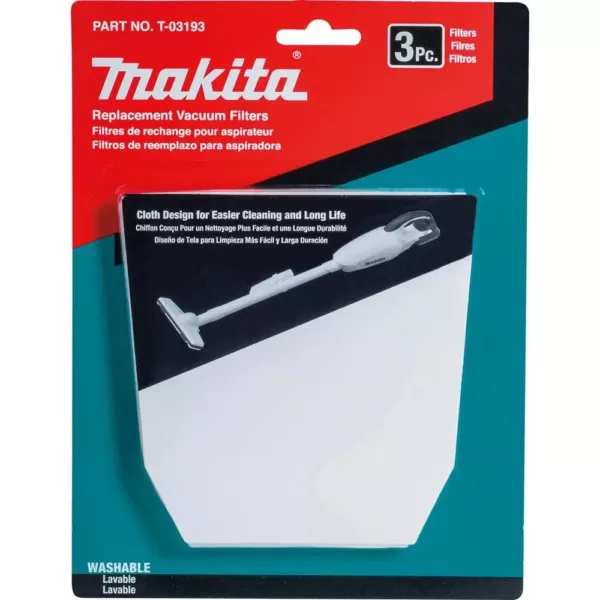 Makita Cloth Vacuum Filter (3-Pack) for use with Makita XLC02, LC01, and BCL180 Cordless Vacuums