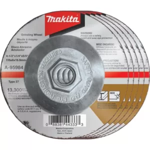 Makita 4-1/2 in. x 1/4 in. x 5/8 in. 36-Grit INOX Grinding Wheel (5-Pack) for use with 4-1/2 in. angle grinders