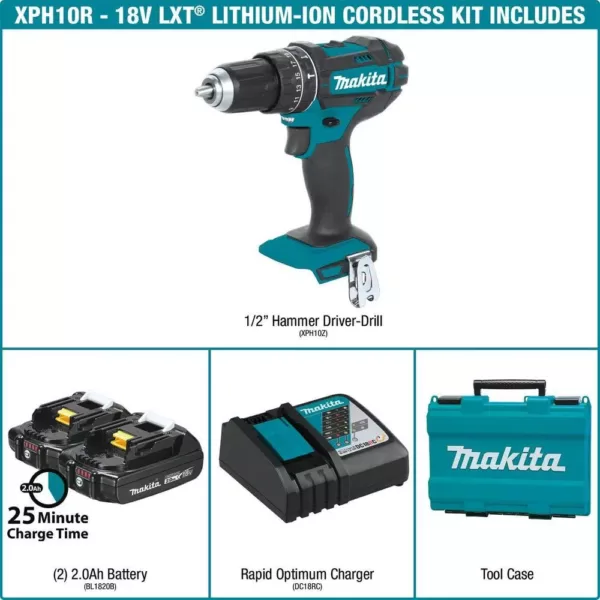 Makita 18-Volt Lithium-Ion 1/2 in. Compact Cordless Hammer Driver Drill Kit with two Batteries (2.0 Ah), Charger and Hard Case