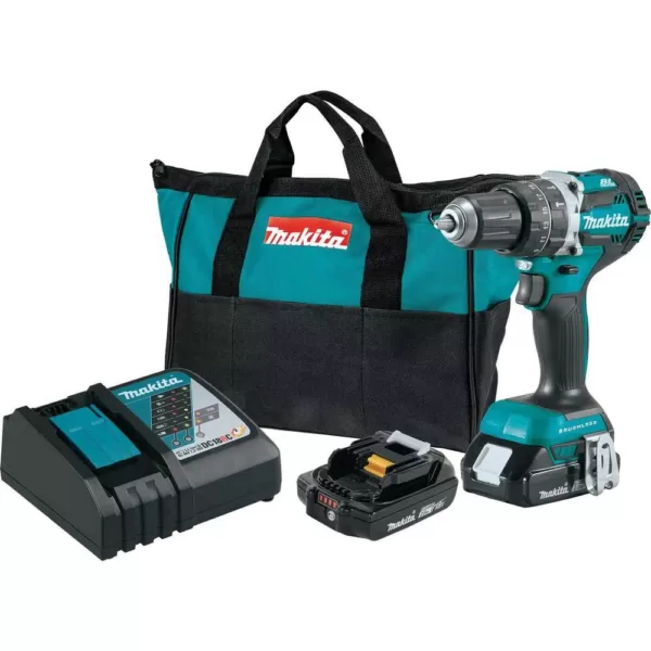 Makita 18V LXT Lithium-Ion Compact Brushless Cordless 1/2 in. Hammer Driver-Drill Kit with (2) 2.0Ah Batteries, Charger and Bag