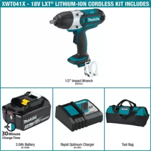 Makita 18-Volt LXT Lithium-Ion Cordless 1/2 in. Impact Wrench Kit with (1) Battery 3.0Ah, Charger, Tool Bag