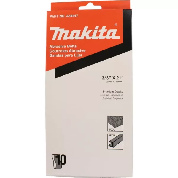 Makita 3/8 in. x 21 in. 40-Grit Abrasive Belt (10-Pack) for use with 3/8 in. x 21 in. Belt Sander