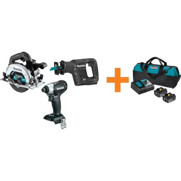 Makita 18V LXT Sub-Compact Brushless Impact Driver, 6-1/2 in. Circ Saw and Recip Saw with bonus 18V LXT Starter Pack (5.0Ah)