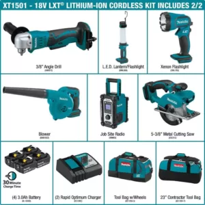 Makita 18-Volt LXT Lithium-ion Cordless 15-Piece Combo Kit with (4) Batteries 3.0Ah, Charger and (2) Bags