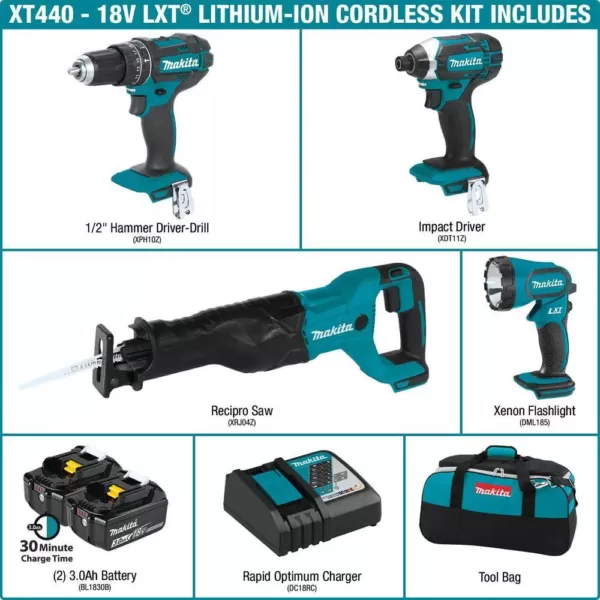 Makita 18-Volt LXT Lithium-Ion Cordless Combo Kit (4-Piece) (Hammer Drill/ Impact Driver/ Recipro Saw/ Flashlight) (3.0 Ah)