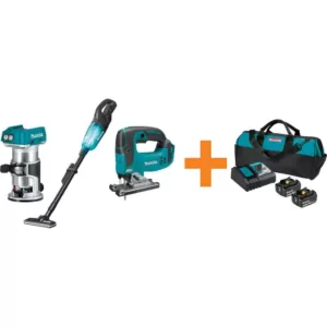 Makita 18-Volt LXT Brushless Variable Speed Compact Router, 18V LXT Jig Saw and 18V LXT Vacuum with bonus 18V LXT Starter Pack