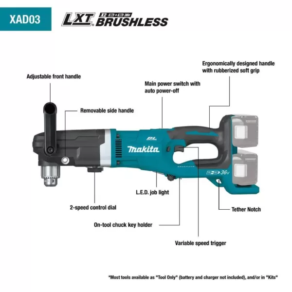 Makita 18-Volt X2 (36-Volt) 5.0 Ah LXT Lithium-Ion Brushless Cordless 1/2 in. Right Angle Drill Kit