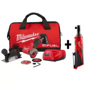 Milwaukee M12 FUEL 12-Volt 3 in. Lithium-Ion Brushless Cordless Cut Off Saw Kit W/ M12 3/8 in. Ratchet
