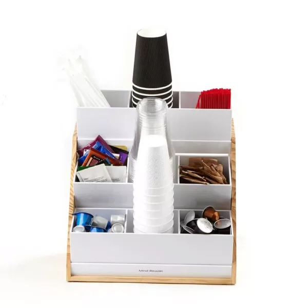 Mind Reader 9-Compartment White Condiment Organizer with Wood Base