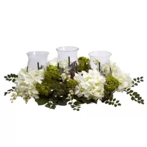 Nearly Natural 9.5 in. H White Snowball Hydrangea Triple Candelabrum