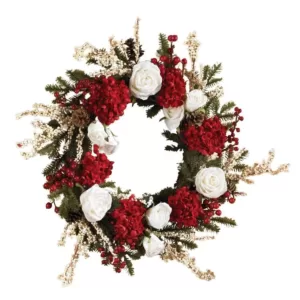 Nearly Natural 24in. Hydrangea Wreath with White Roses