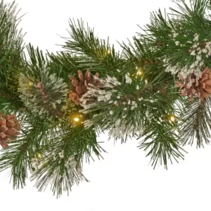 Noble House 9 ft. Cashmere Pine Battery Operated Pre-Lit LED Artificial Christmas Garland with Snowy Branches and Pinecones