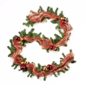 Noble House 9 ft. Green Battery Operated Pre-Lit Warm White LED Noble Fir Pre-Decorated Artificial Christmas Garland