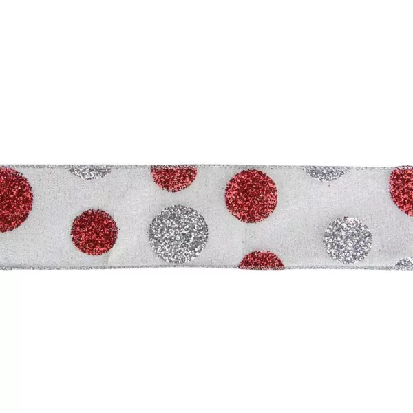 Northlight 2.5 in. x 16 yds. Silver and Red Glitter Polka Dots on Metallic Wired Ribbon