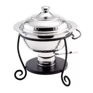 Old Dutch 10 in. x 10-1/2 in. x 12 in. Round Hammered Stainless Steel Chafing Dish with Black Iron Stand 1-3/4 Qt.