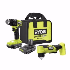 RYOBI ONE+ HP 18V Brushless Cordless Compact 1/2 in. Drill/Driver, 3/8 in. Right Angle Drill, (2) Batteries, Charger, and Bag