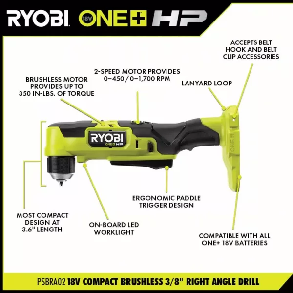 RYOBI ONE+ HP 18V Brushless Cordless Compact 1/2 in. Drill/Driver, 3/8 in. Right Angle Drill, (2) Batteries, Charger, and Bag
