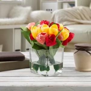 Pure Garden 8 in. Tulip Artificial Floral Multicolor Arrangement